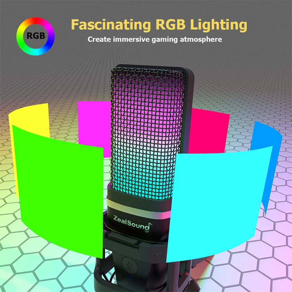 Zealsound – Microphone USB à condensateur RGB avec bras articulé pour gaming, podcast et YouTube