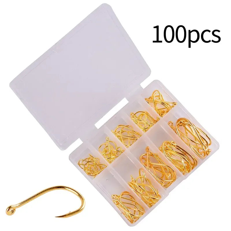 Ensemble d'Hameçons Pêche 100 Pièces — Acier Haute Teneur Carbone, Cercle Barbelé, Carpe, Mouche