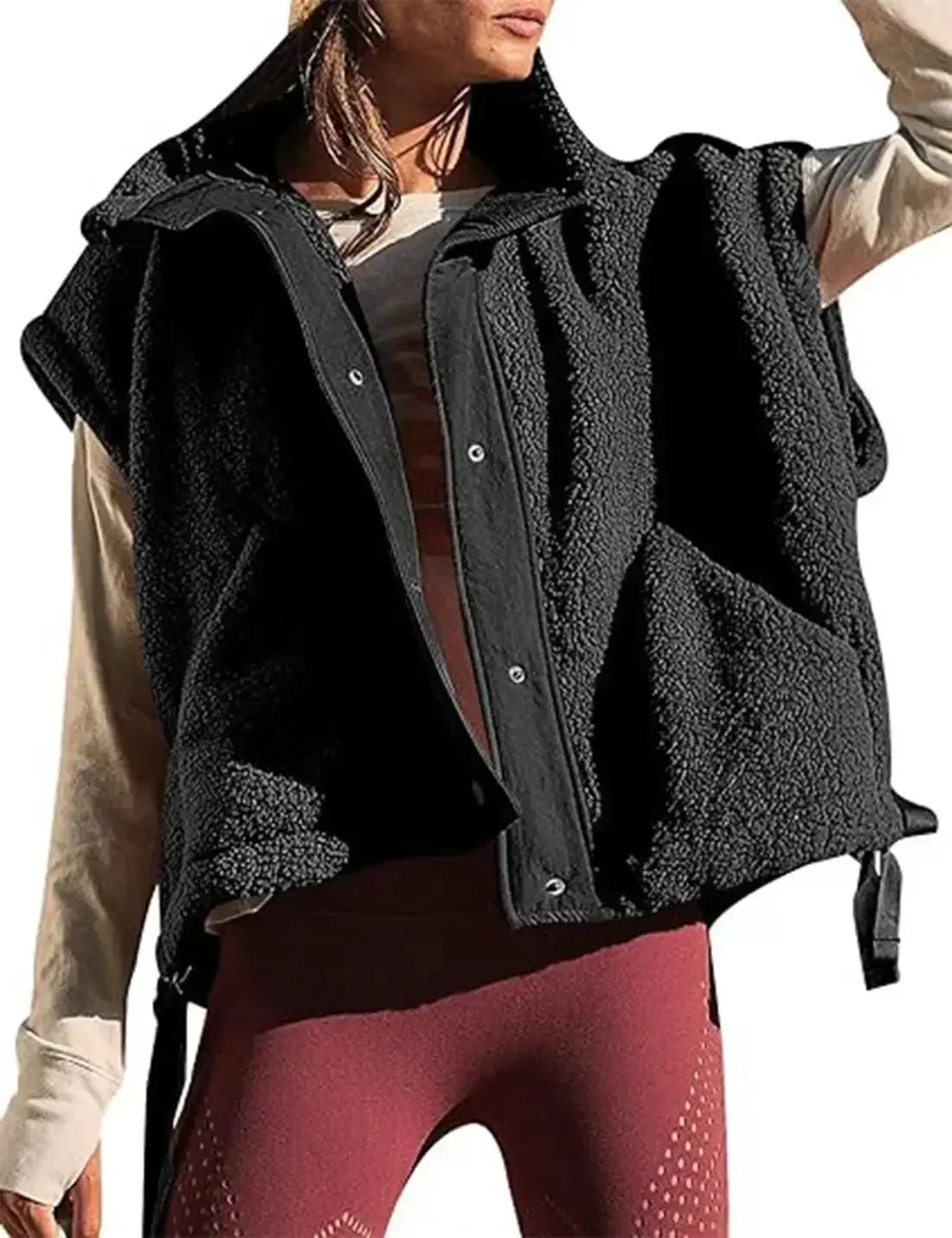 Chaleco polar de felpa para mujer, de talla grande, sin mangas, Sherpa, cálido, con botones, prendas de abrigo con bolsillos
