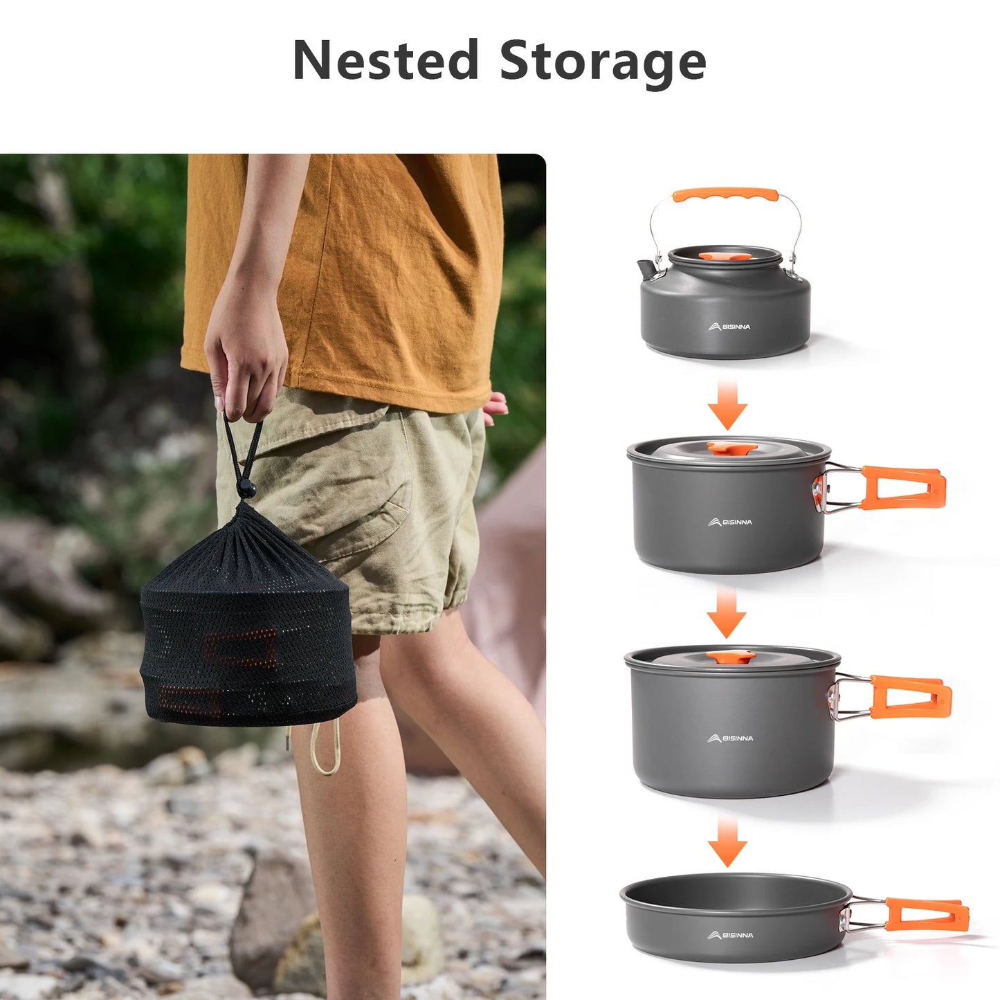 BISINNA – ustensiles de cuisine de Camping en alliage d'aluminium, bouilloire à eau, casserole, ensemble de cuisine pour voyage, randonnée, pique-nique, barbecue