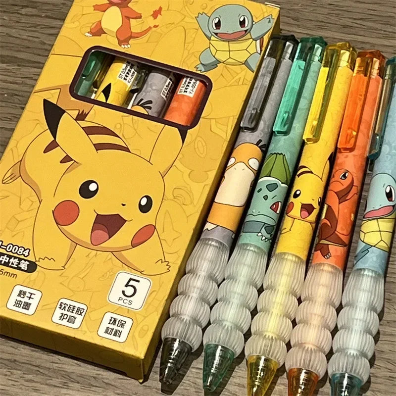 Plumas de Gel de presión de Pokemon Pikachu Squirtle Charmander, 5 piezas, juego de bolígrafos de Gel de dibujos animados, útiles escolares y de oficina, regalos para niños