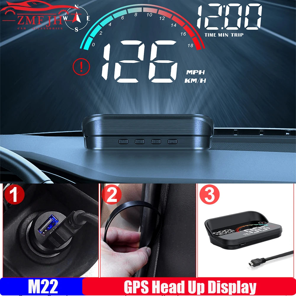 ZMFJH M22 Car HUD Speedometer Monitor On-board Computer Windshield Projector GPS+Beidou Head-Up Digital Display GPS Speedometer
