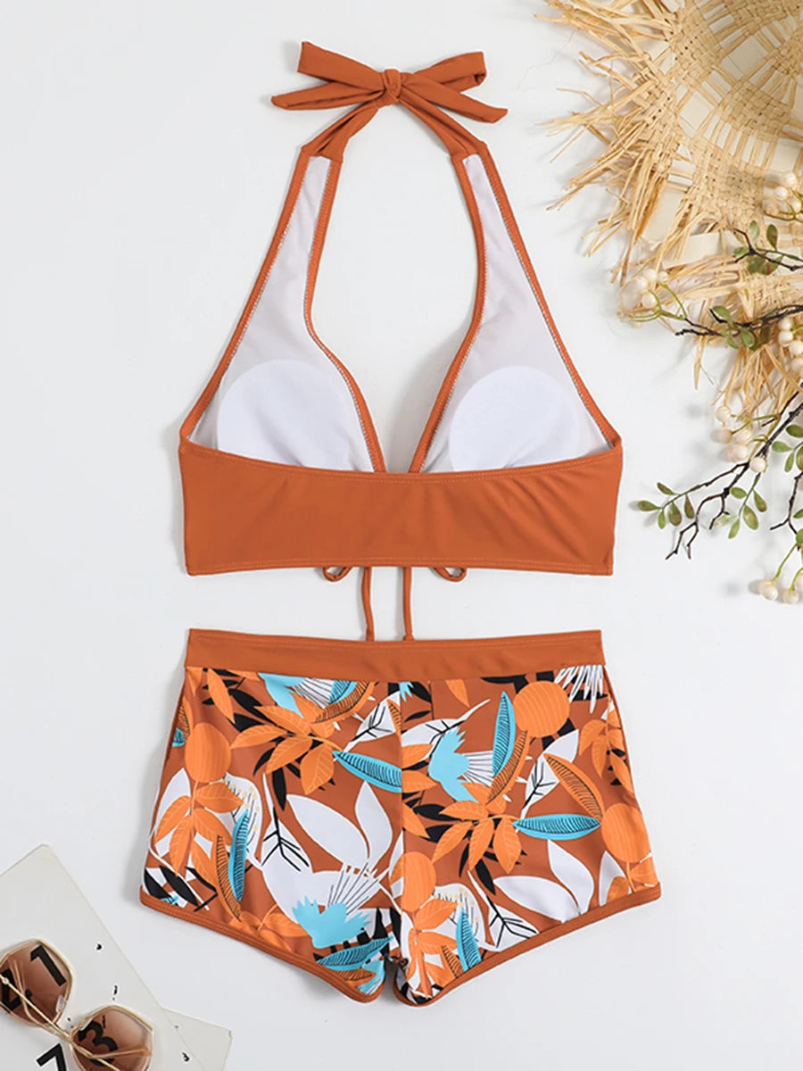 Ensemble de bikini halter 2026, maillot de bain court pour femme, maillot de bain taille haute imprimé, tenue de plage