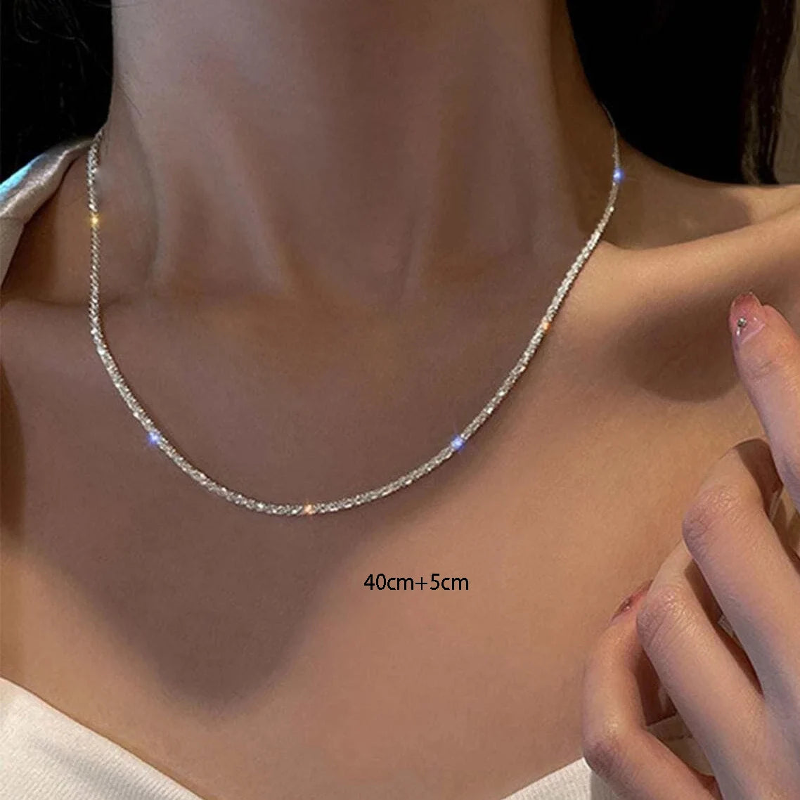 Simple Sparkling Necklace for Women, Silver Color, Clavicle Chain, Choker, Korean, Wedding Party Gift Jewelry