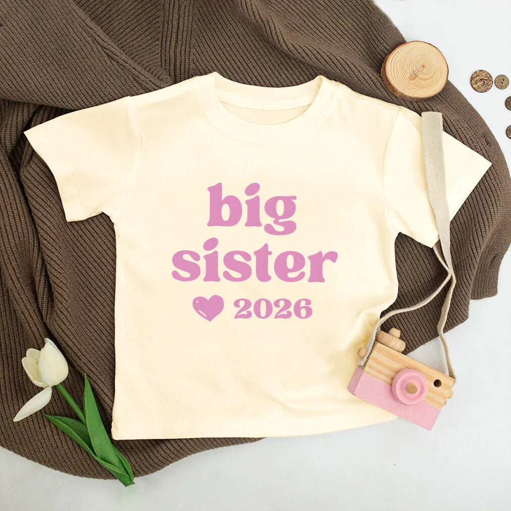 T-shirt enfant grande sœur 2026 — annonce de grossesse, rétro, manches courtes, tenue d'été