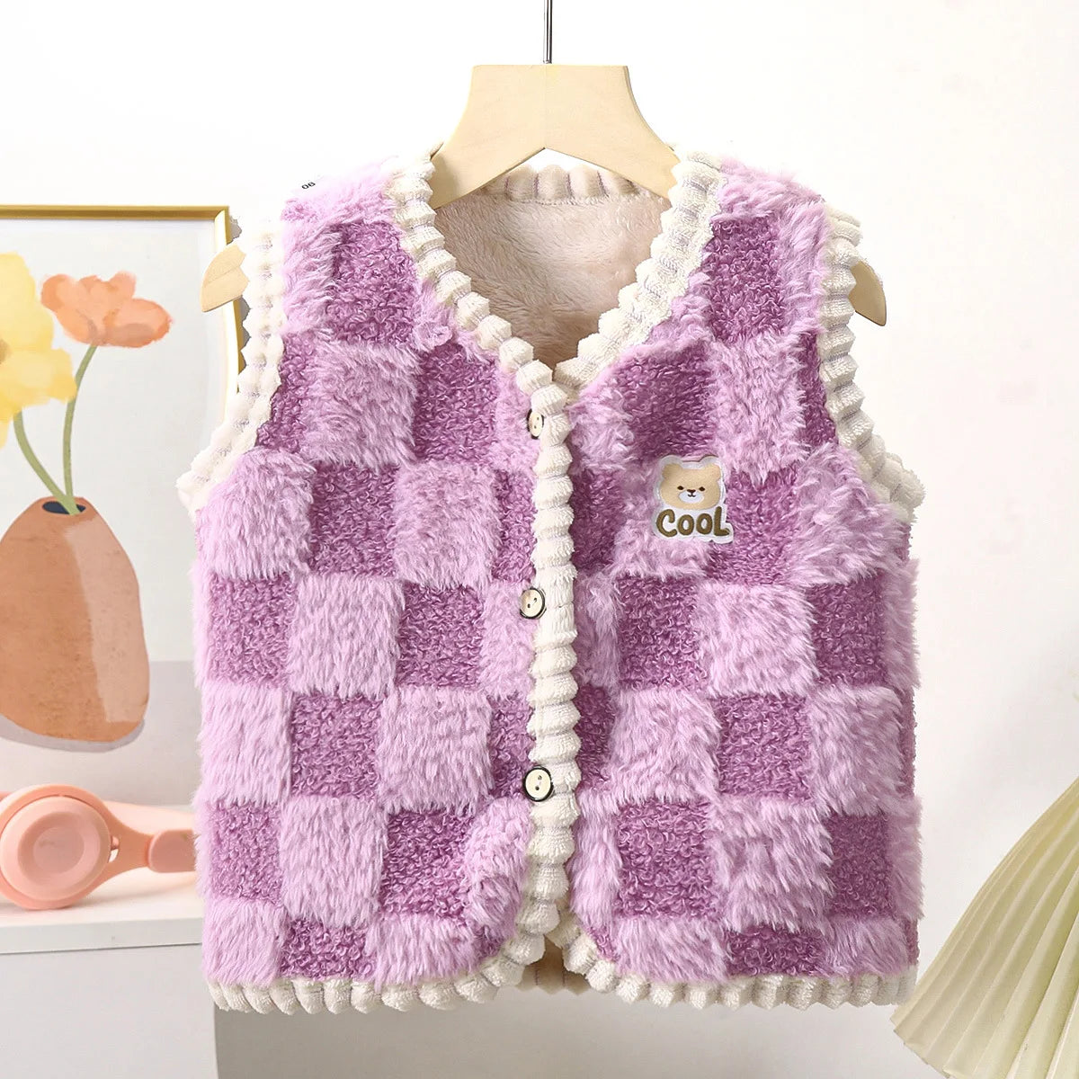 Chaqueta polar para niños, chaleco cálido de doble capa con estampado a cuadros, para niños y niñas, ropa de abrigo sin mangas para otoño e invierno