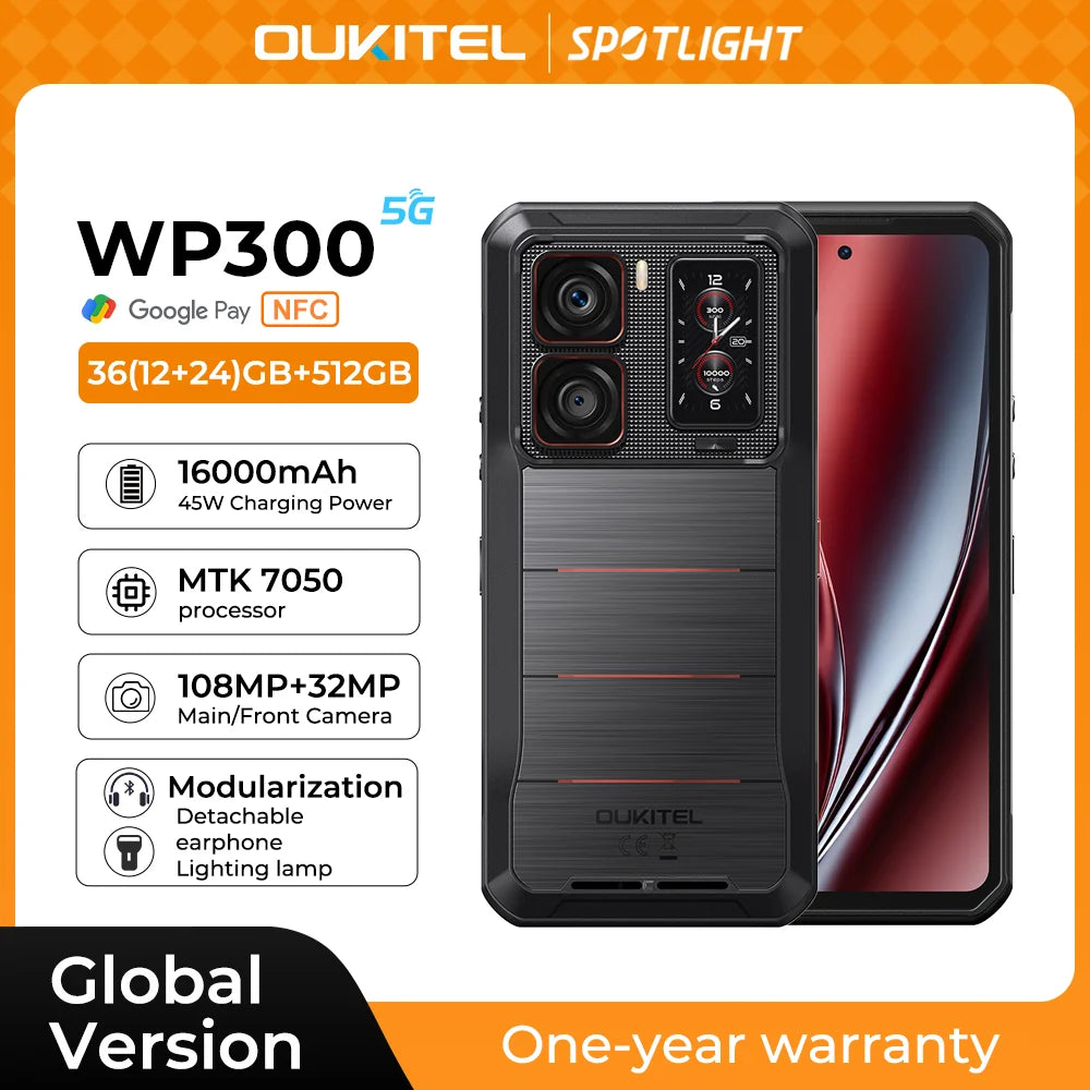 Oukitel WP300, teléfono resistente de 6,78 pulgadas FHD 120 Hz, 36 GB (12 + 24) GB + 512 GB, batería de 16 000 mAh, smartphone 5G Android 15, 2025