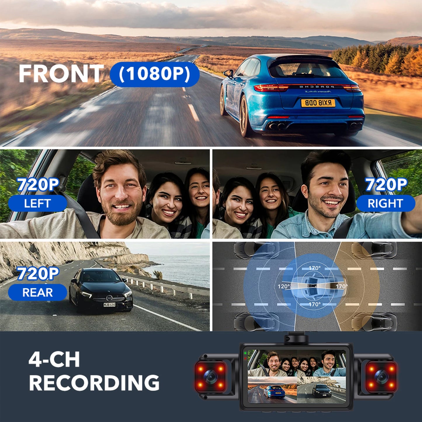 Dashcam WiFi 4 Canaux FHD 1080P — Boîte Noire Vision Nocturne Kit Câbles Rigides