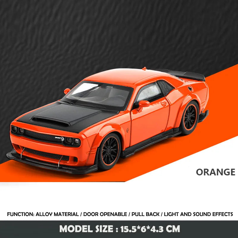 Modelo de coche de aleación Dodge Challenger Hellcat SRT 1:32 con sonido y luz, vehículo de juguete de metal con retrofricción, regalo para niño, colección en miniatura