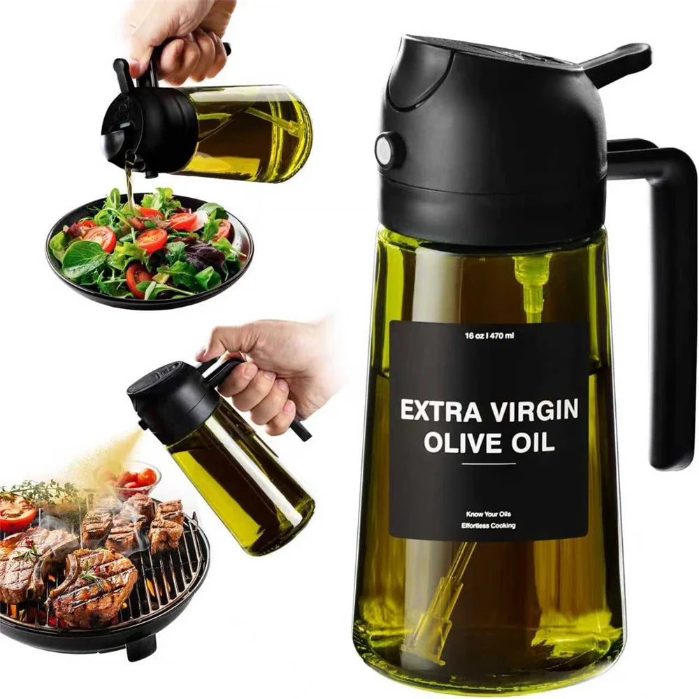 Pulvérisateur d'huile pour la cuisine de 470 ml, distributeur d'huile d'olive 2 en 1 et flacon pulvérisateur d'huile, vaporisateur d'huile avec autocollants, flacon pulvérisateur en verre épais