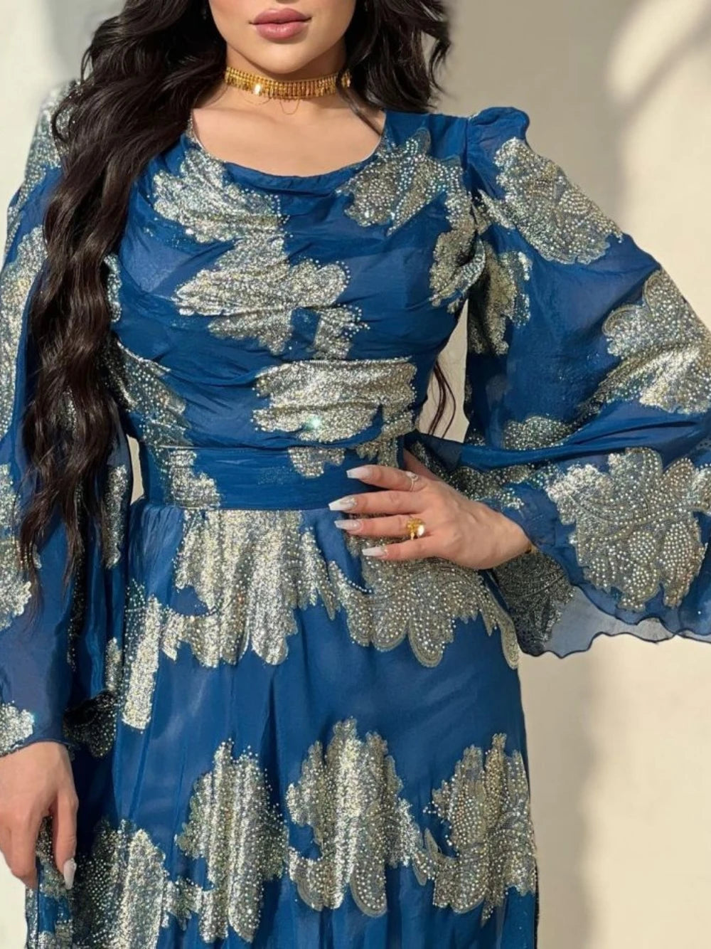 Abaya dorure bleu robe de soirée Takchita Festival fête Date une ligne perlée décontracté en mousseline de soie personnalisé délicat bal O cou robe