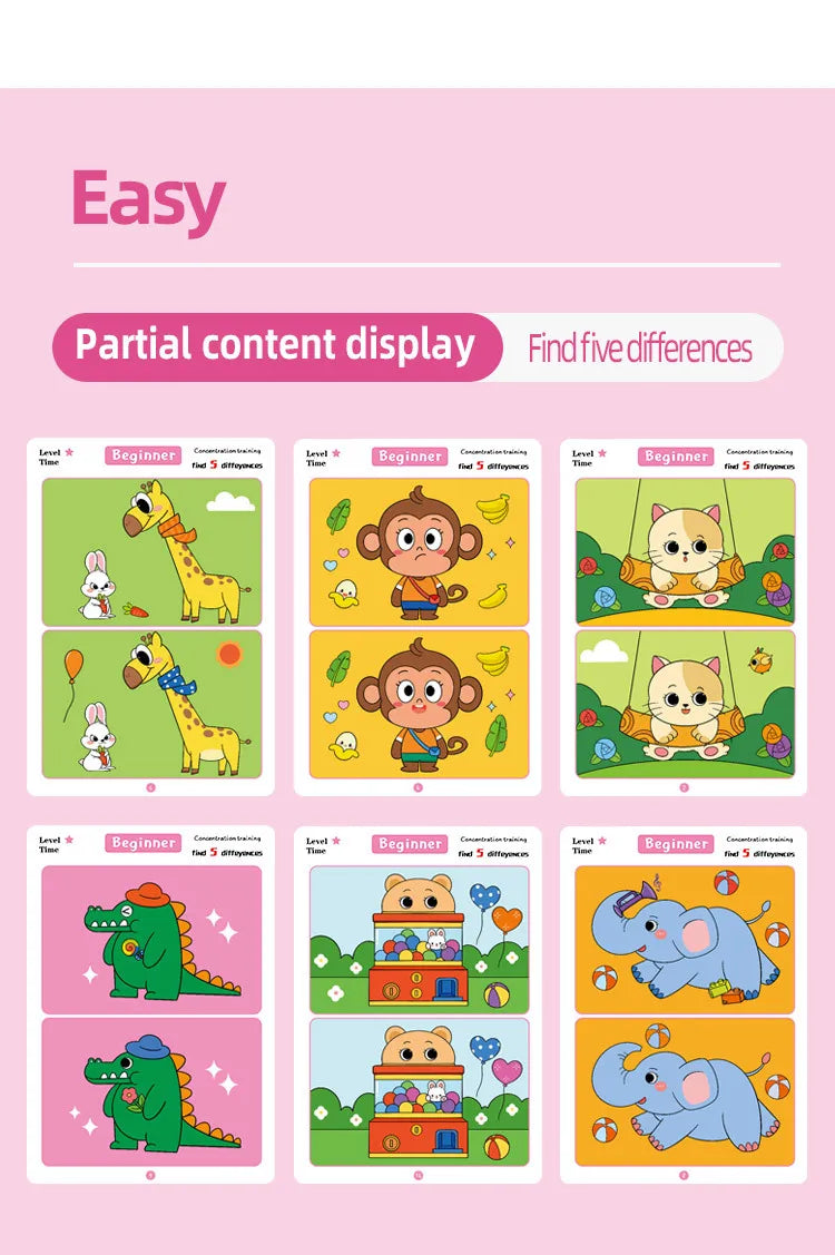 Juego de cartas educativo y reutilizable de dibujos animados para niños Encuentra las diferencias Encuentra niveles de dificultad para entrenar la atención y la concentración