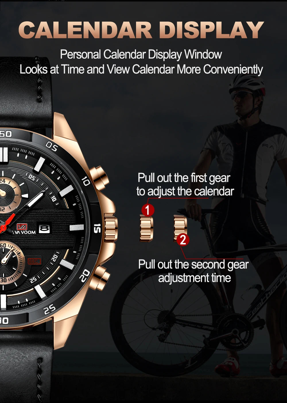 Montre à quartz en cuir pour homme, style sport, grand, décontracté, mode, original, noir, rose, or, calendrier, 46mm