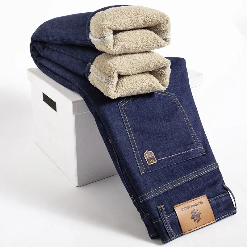 Winter Lamb Plush Denim Straight Pants Men Thicken Plus Size 40 High Waist Jeans Stretch Warm Fleece Lined Slim Vaqueros