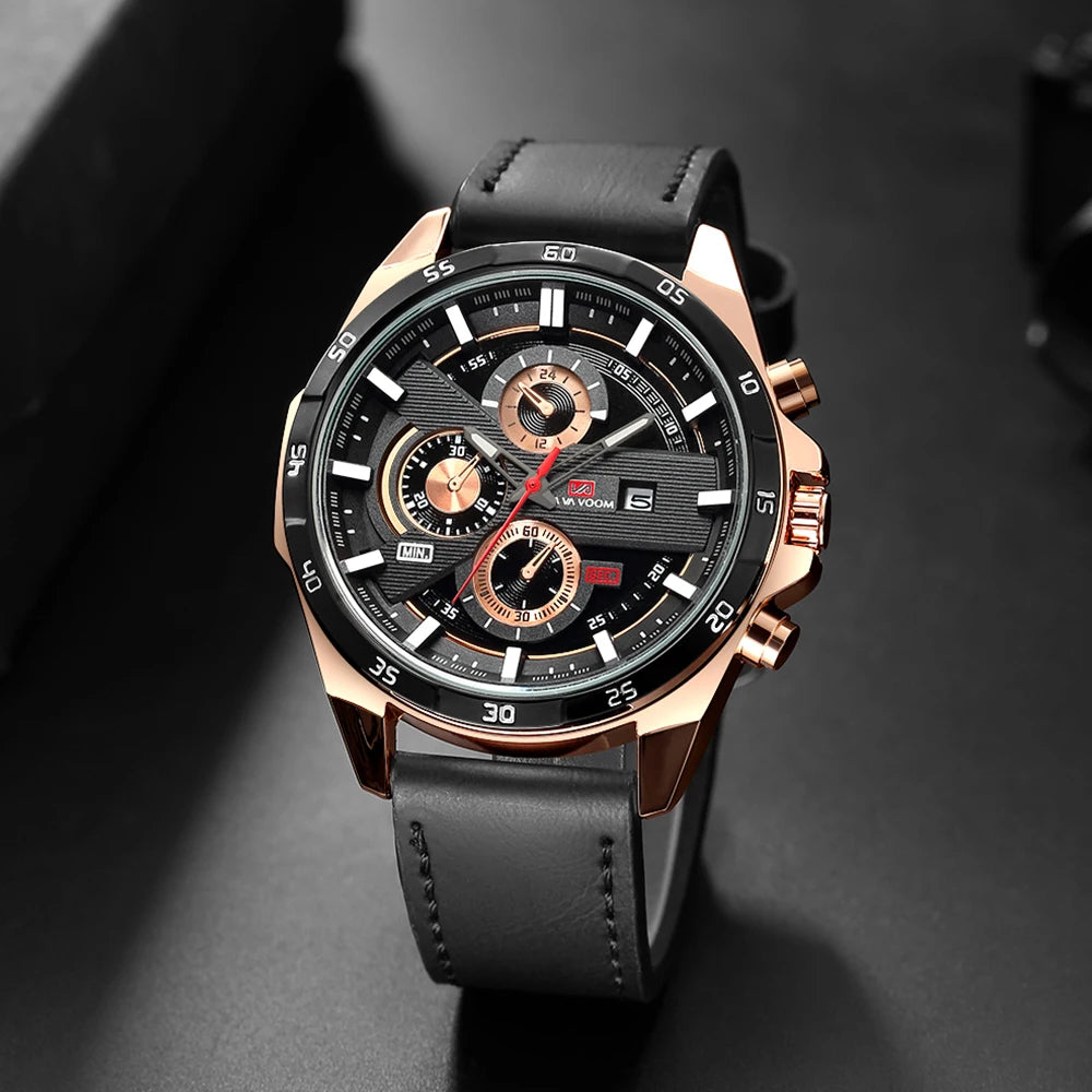 Montre à quartz en cuir pour homme, style sport, grand, décontracté, mode, original, noir, rose, or, calendrier, 46mm