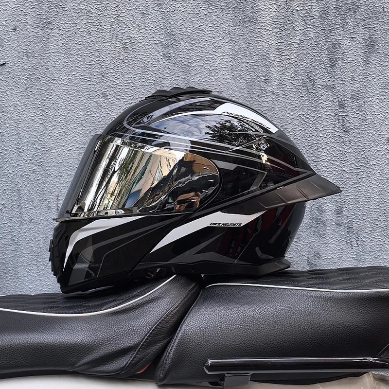 Casque de moto intégral ORZ-B08A, motif Mecha brillant, casque de course, casque de sécurité certifié DOT de Style italien avec Vi teinté