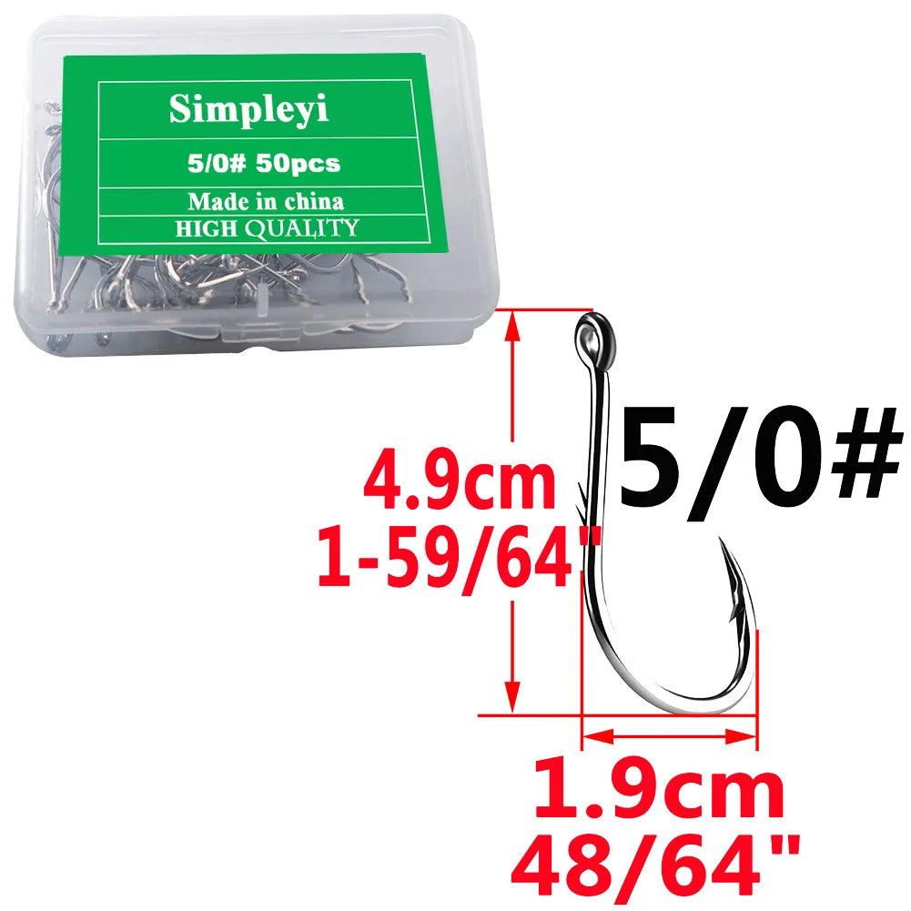 Anzuelos de pesca de acero con alto contenido de carbono, con púas, juego de anzuelos circulares individuales, lombriz marina, carpa, accesorios de pesca con mosca, anzuelo, 50 piezas por caja