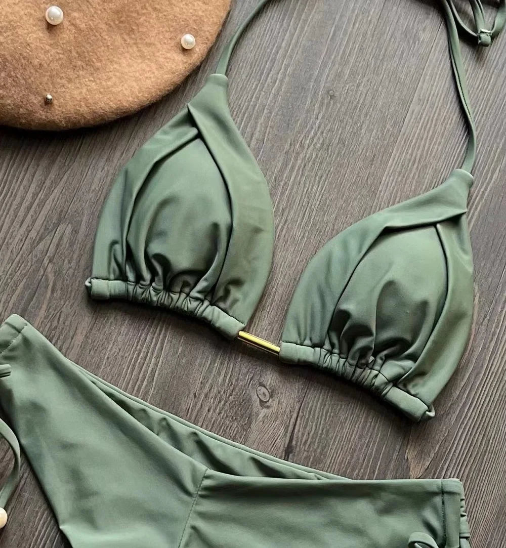 2025 nouveau Triangle Sexy maillot de bain pour femmes Bikinis brésiliens licou maillots de bain Push Up maillot de bain chaîne en métal plage Bikini ensemble