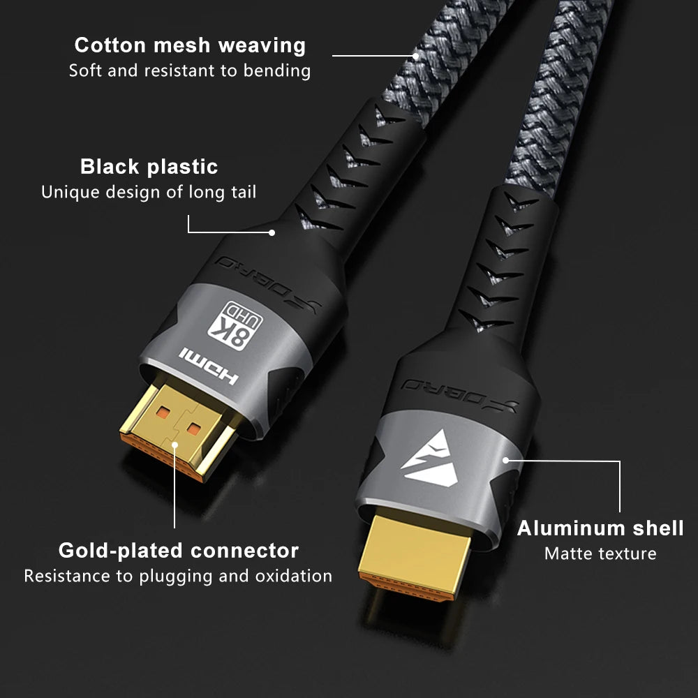 Cable HDMI 8K 2.1 48Gbps, cordón trenzado HDMI de alta velocidad - 4K @ 120Hz 8K @ 60Hz, DTS:X, HDCP 2.2 y 2.3, HDR 10 compatible para ordenador portátil/PS5