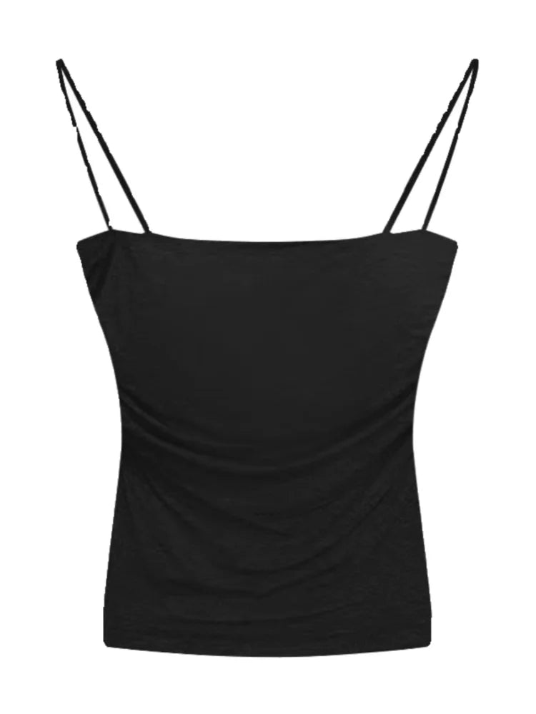Débardeur plissé sans manches pour femme, coupe ajustée, style sexy, court, avec fines bretelles, couleur unie, simple et tendance