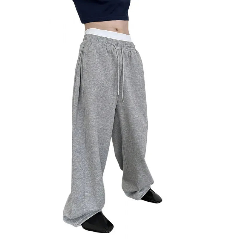 Men's Solid Color Sanitary Pants, Straight Waist with Drawstring, Wide Leg, Loose Fit with Pockets, Versatile Sport Pants, 2025