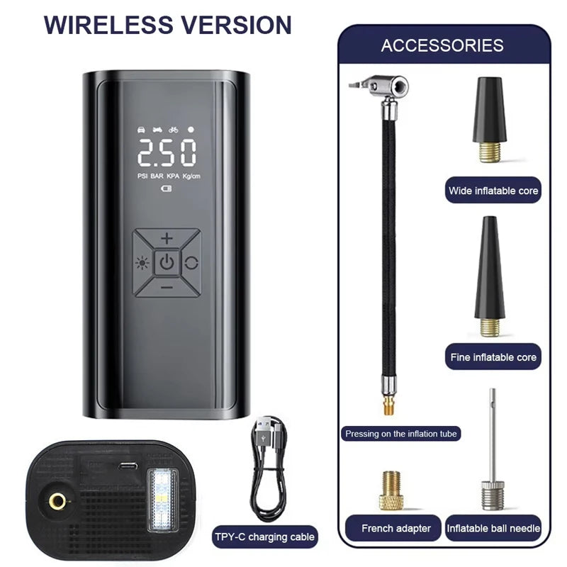 Compresseur d'air électrique sans fil pour voiture, pompe de gonflage pour moto, vélo, bateau, auto
