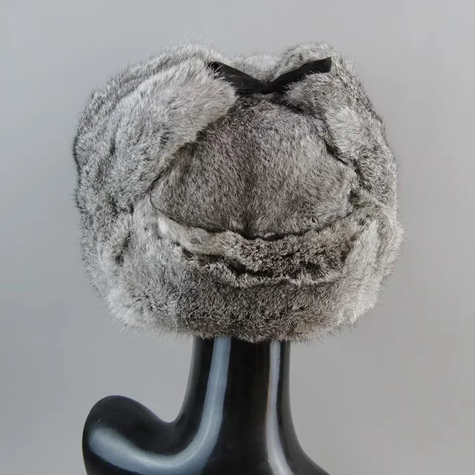 Gorro de piel de conejo para hombre, invierno, 100 % piel auténtica, gorro de aviador cortavientos cálido con orejeras, plano, gris/negro, estilo ruso, ajustado