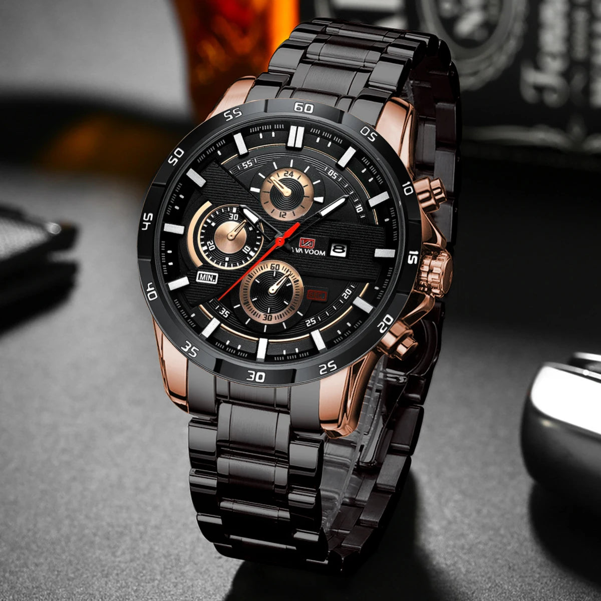 Montres de sport pour hommes, série de course de mode, 46mm, horloge en cuir noir VA VA VOOM, mouvement à Quartz 3Bar, montre-bracelet étanche pour hommes