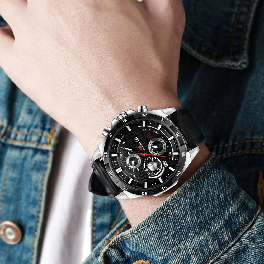 Montres de sport pour hommes, série de course de mode, 46mm, horloge en cuir noir VA VA VOOM, mouvement à Quartz 3Bar, montre-bracelet étanche pour hommes