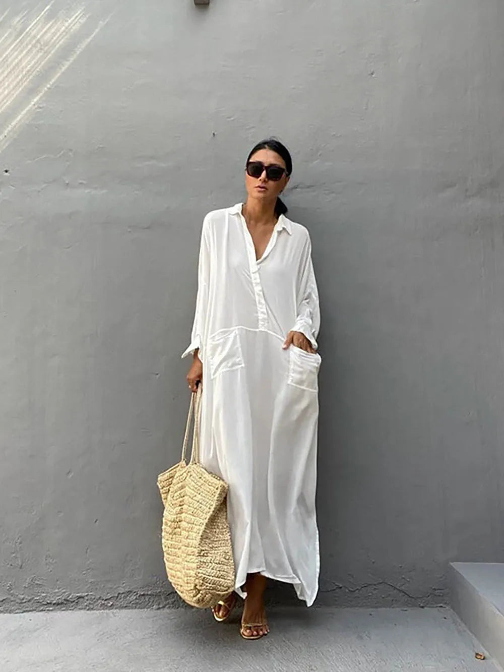 Robe de plage tunique cache-maillot pour femme 2026, en coton blanc uni, col montant, paréo, tenue de plage