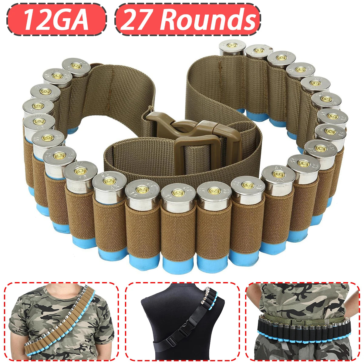 Bandolier pour fusil de chasse 12GA, 27 cartouches réglables, support de coque de calibre 12, sangle de taille, accessoires de chasse et de tir