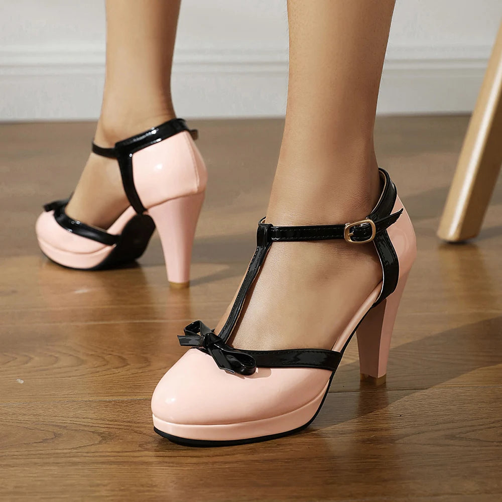Zapatos de tacón alto con punta redonda para mujer, tacones de plataforma con lazo, zapatos de fiesta de boda, talla grande