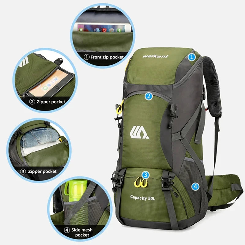 Sac à dos d'escalade en nylon pour homme, sac à dos de camping, sac à dos de randonnée, sports de plein air, canadisme, trekking initié, sac à dos de voyage, 50l