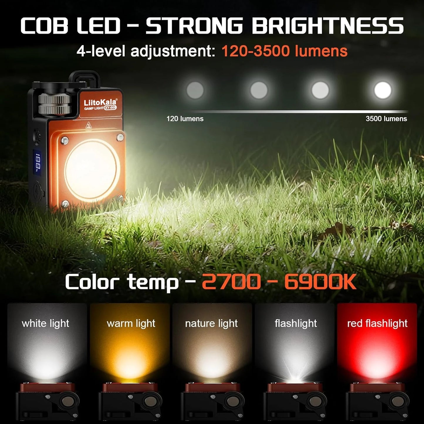 Lampe de camping LED rechargeable portable LiitoKala XY-009, multifonctionnelle, pour les activités de plein air, longue durée de vie