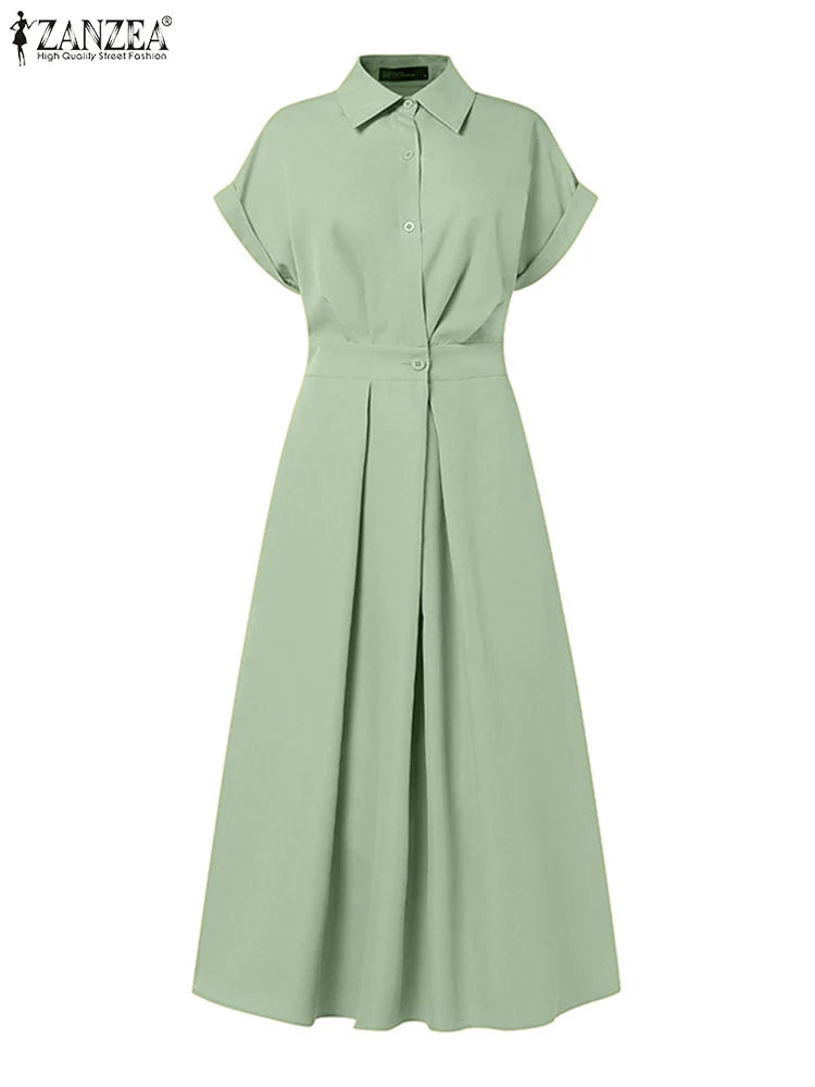 Femmes été OL Robe de travail ZANZEA élégant à manches courtes bureau Robe d'été décontracté solide une ligne boutons vacances robes caftan Robe