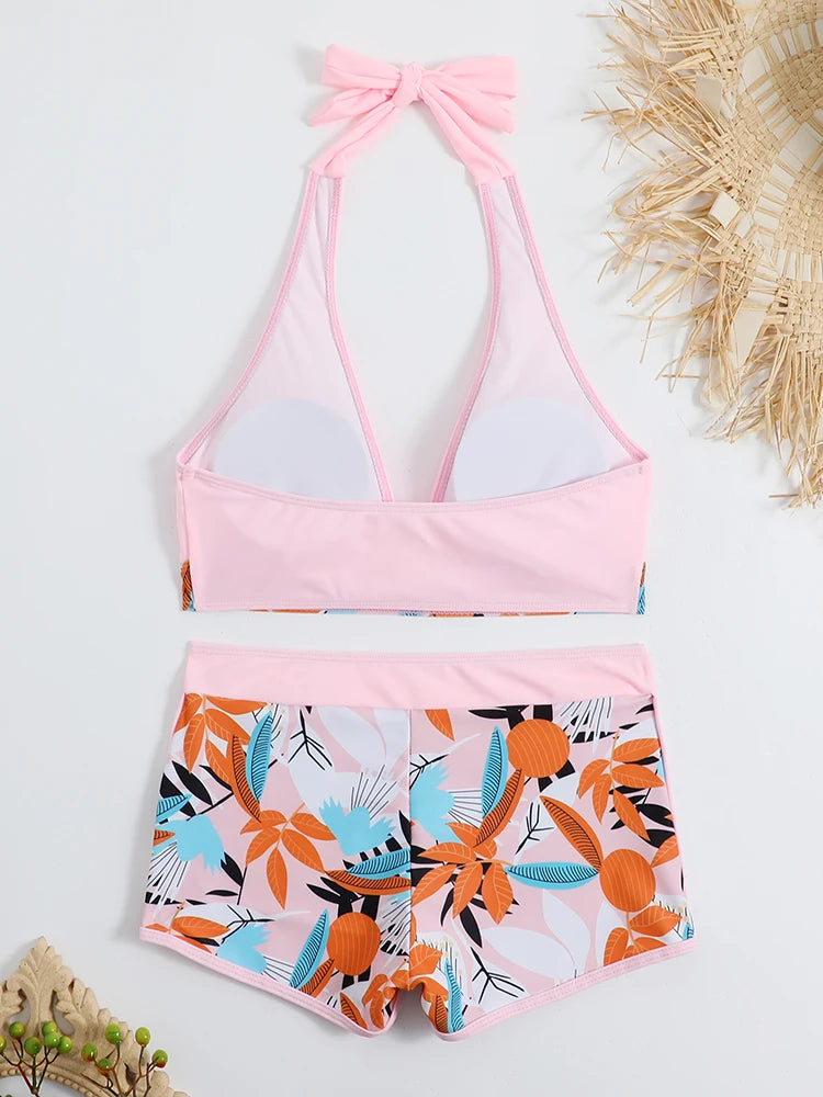 Ensemble de bikini halter 2026, maillot de bain court pour femme, maillot de bain taille haute imprimé, tenue de plage