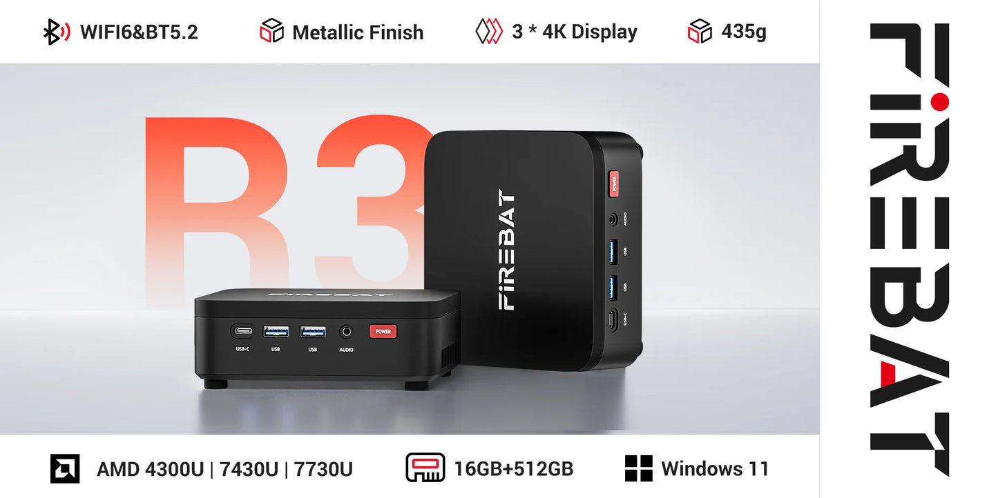 FIREBAT R3 MINI PC AMD Ryzen 5 7430U 6C/12T MAX 4.3GHz 16GB LPDDR4 RAM 512GB SSD WIFI6 BT5.2 Windows 11 Ordinateur de bureau