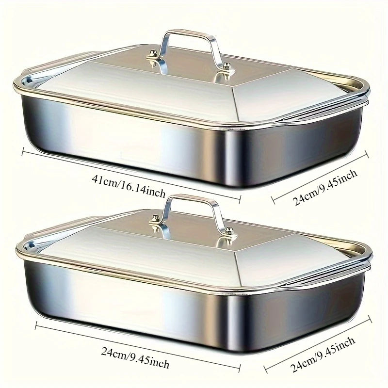 Ensemble de poêles de cuisson en acier inoxydable, 4 pièces, avec couvercles, plat profond de 16 pouces x 9 pouces pour poisson/pâtes/four à griller et ustensiles de cuisine lavables au lave-vaisselle, 4,2 l