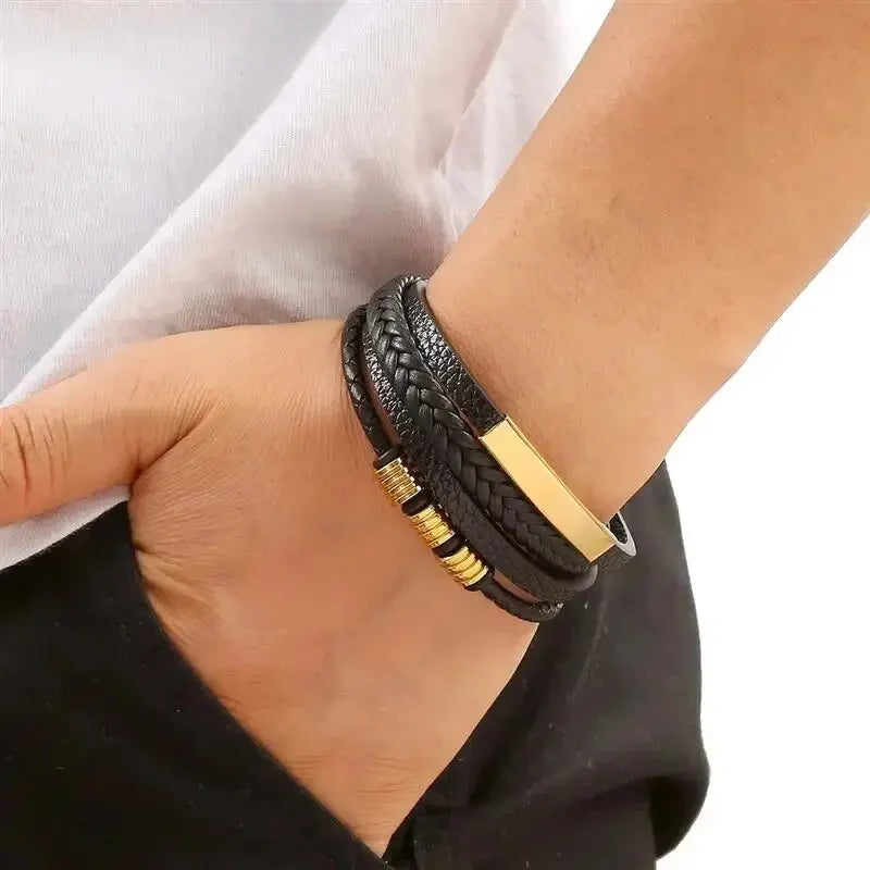 Men's multi-layer PU leather bracelet, Magnut clasp, wavy leather, gold color, metal tube, charm, fashionable hip hop jewelry