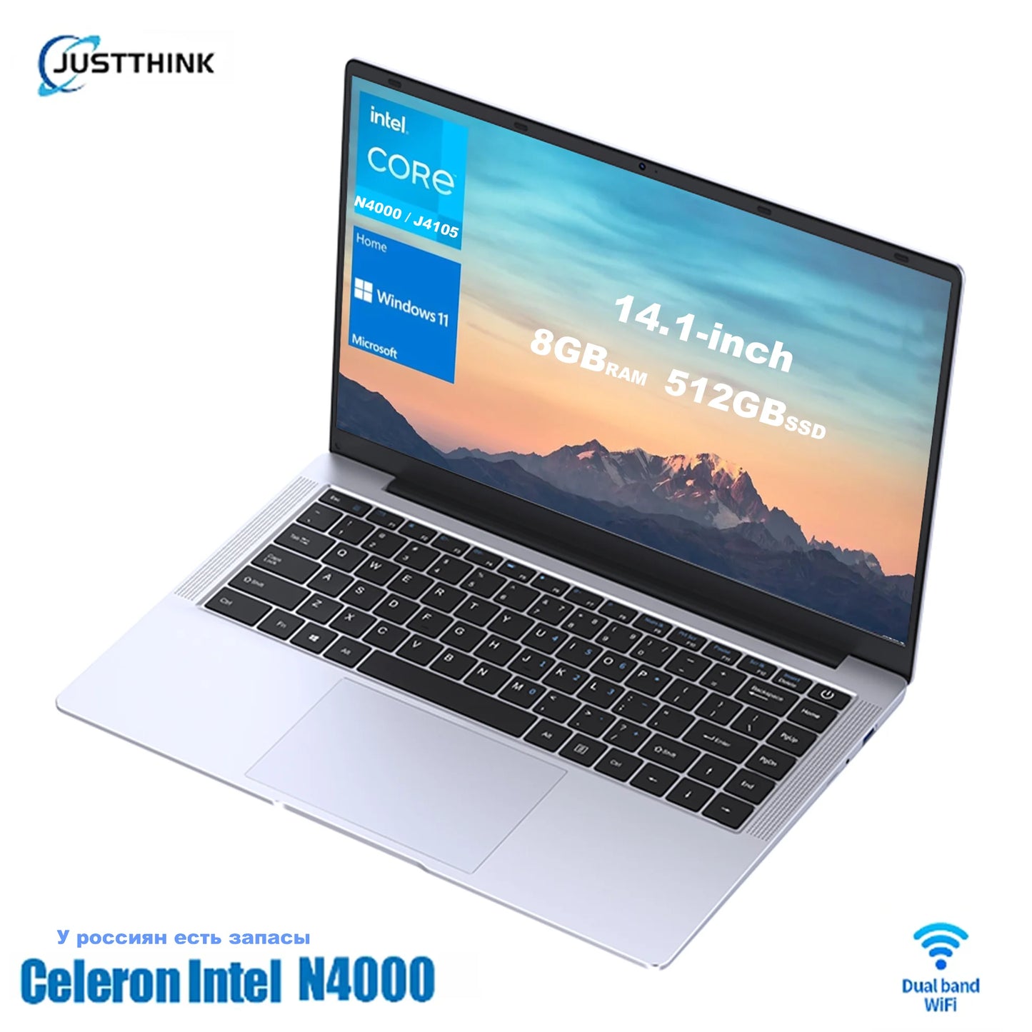 Lightweight Windows 11 Pro Laptop for Adults, Office Gaming Laptop, In Stock in Russia, Intel N4000, 8GB RAM, 14.1 Inches, 256GB SSD, 512GB