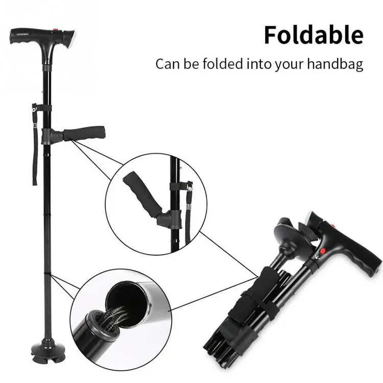 Canne pliante télescopique pliable pour personnes âgées, LED avec alarme, bâtons de marche, béquilles pour personnes âgées pour mères et pères âgés