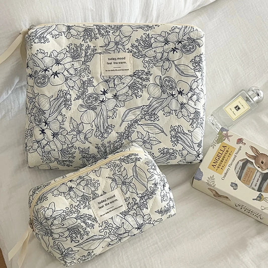 Bolso de mano vintage con flores para mujer, bolso cosmético portátil con cremallera, estuche de maquillaje, neceser de viaje, polveras acolchadas, venta al por mayor
