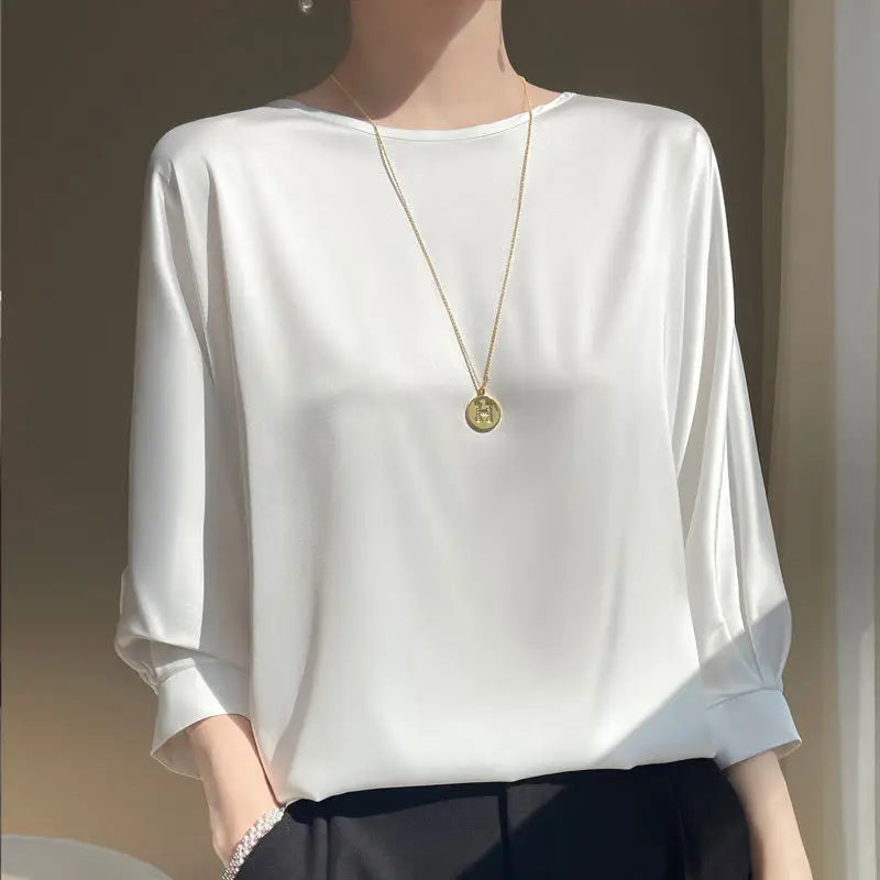 Nouveauté 2026 – T-shirt basique en satin de soie à manches courtes pour femme, col rond, coupe décontractée et légère, chemisier ample pour femme
