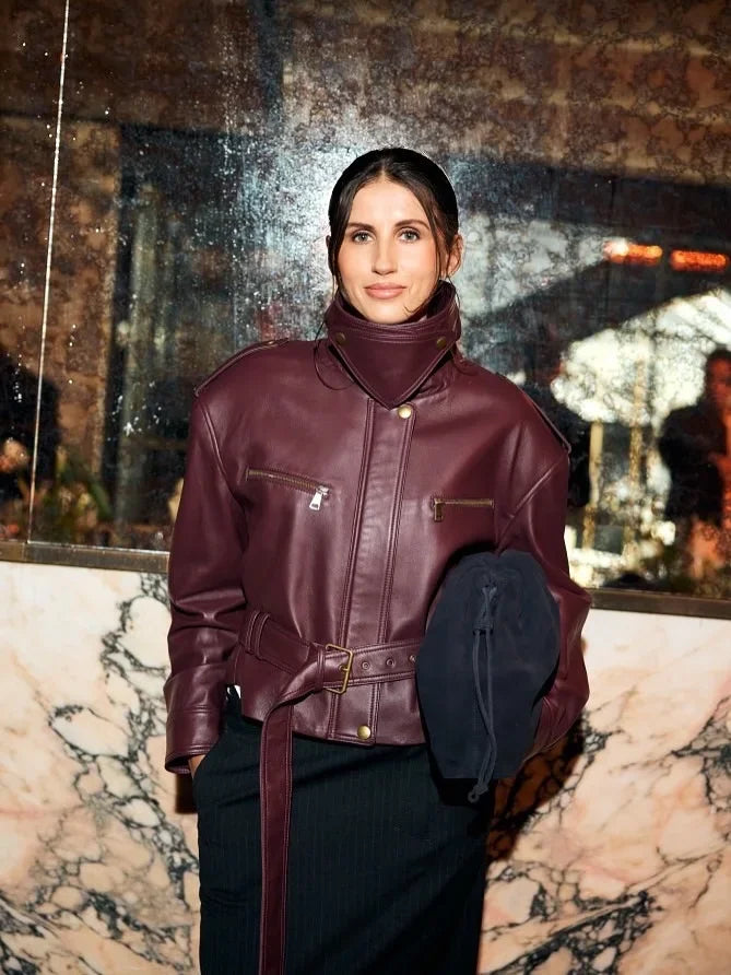 Women's Solid Burgundy Slim-Fit Lace-Up High-Neck Zip Bucket Fashion Short Jackets 2025 Ladies High Street Coat
