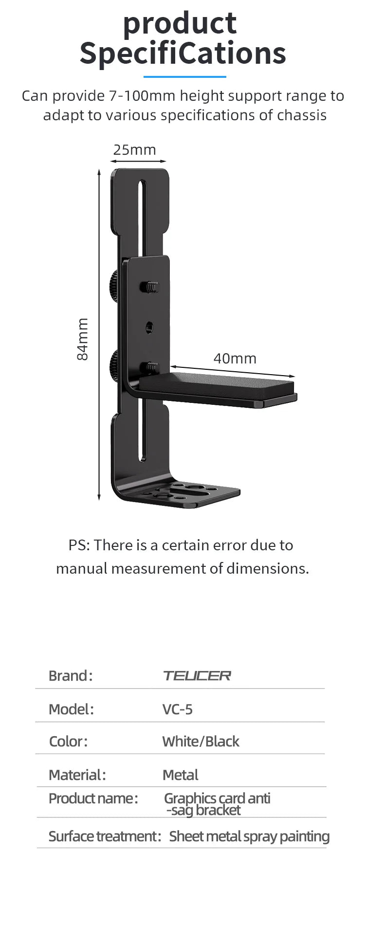 TEUCER VC-5 châssis position du ventilateur GPU cadre de Support en acier inoxydable Support de carte vidéo empêcher l'affaissement pour RTX 4090 4080