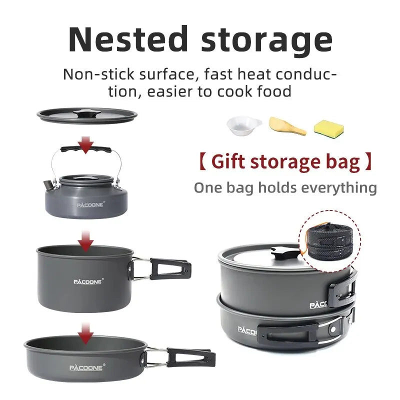 PACOONE – ensemble d'ustensiles de cuisine de Camping, Kit d'ustensiles de cuisine portables, Pot d'extérieur, bouilloire à eau, ensemble de casseroles, vaisselle, équipement de pique-nique de randonnée