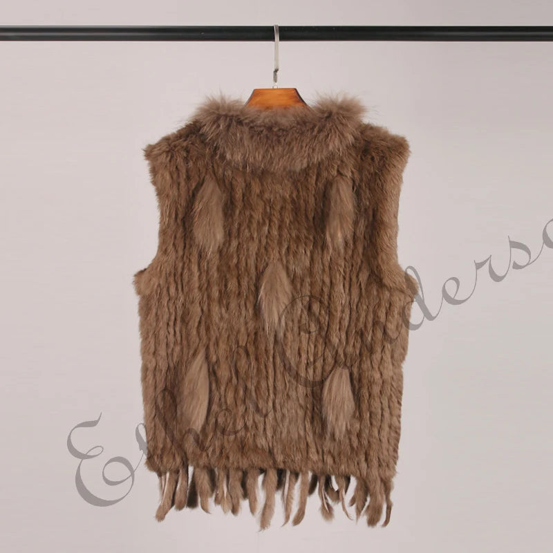 ETHEL ANDERSON – Chaleco con borlas de piel de conejo auténtica, chaleco de punto de alta calidad, vintage, de piel de mapache, ropa de abrigo