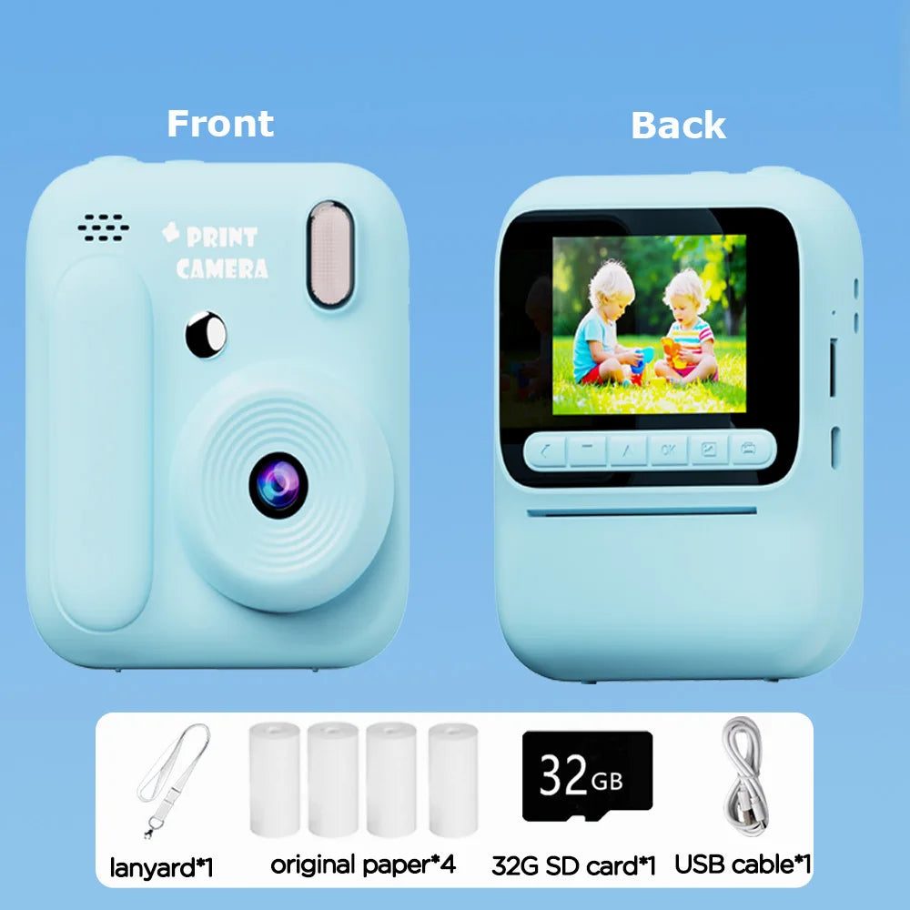 Instant Camera for Kids, Color Printing, 32GB, 1080P, Thermal Print Toy, Photo, Video Games, Music, Children's Gift