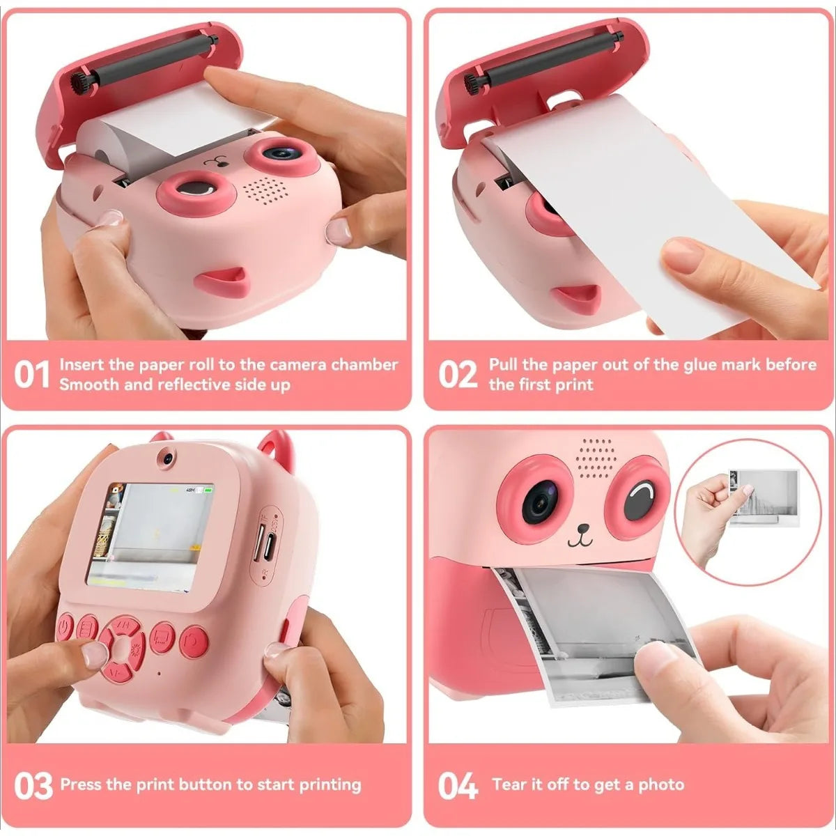 Cámara de impresión instantánea con forma bonita, cámara de doble objetivo HD de 1080P, impresión instantánea, viene con rollos de papel de impresión térmica