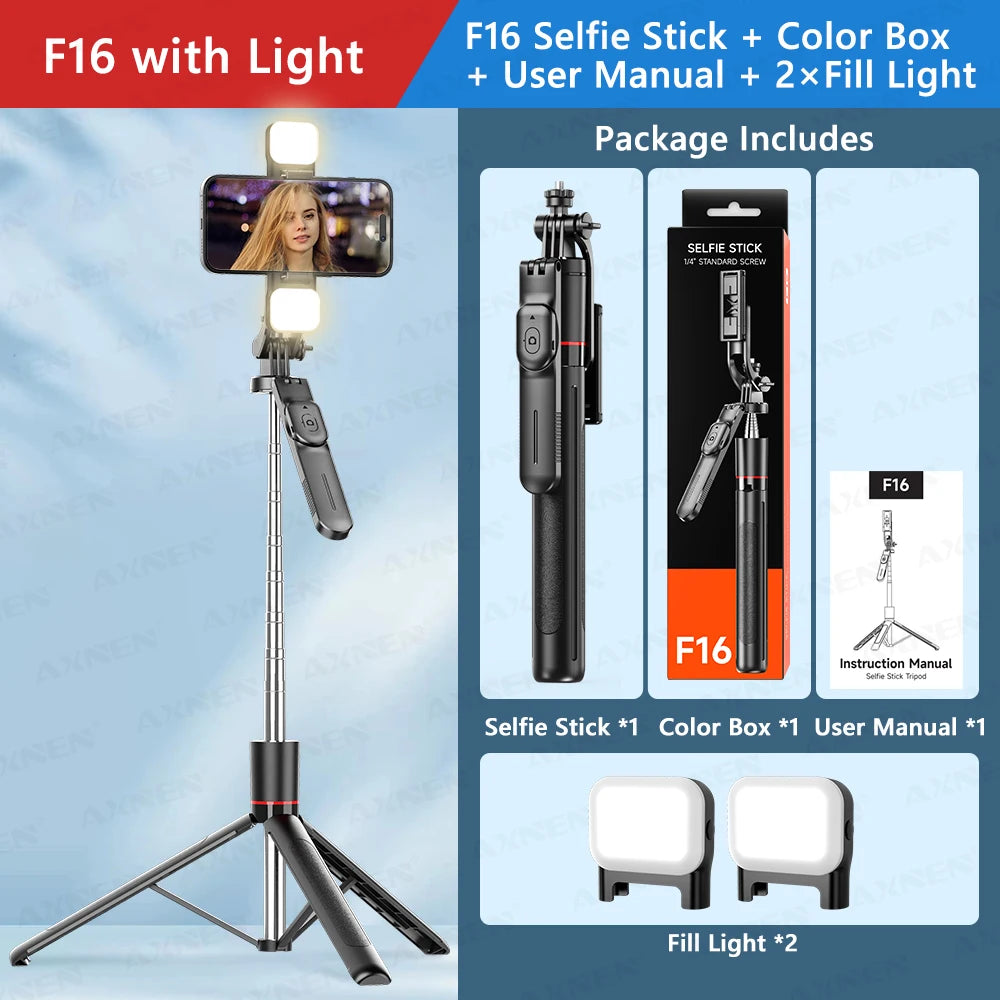 Perche à selfie trépied 1708mm avec télécommande Bluetooth — rotation 360°, interface 1/4", lumière optionnelle